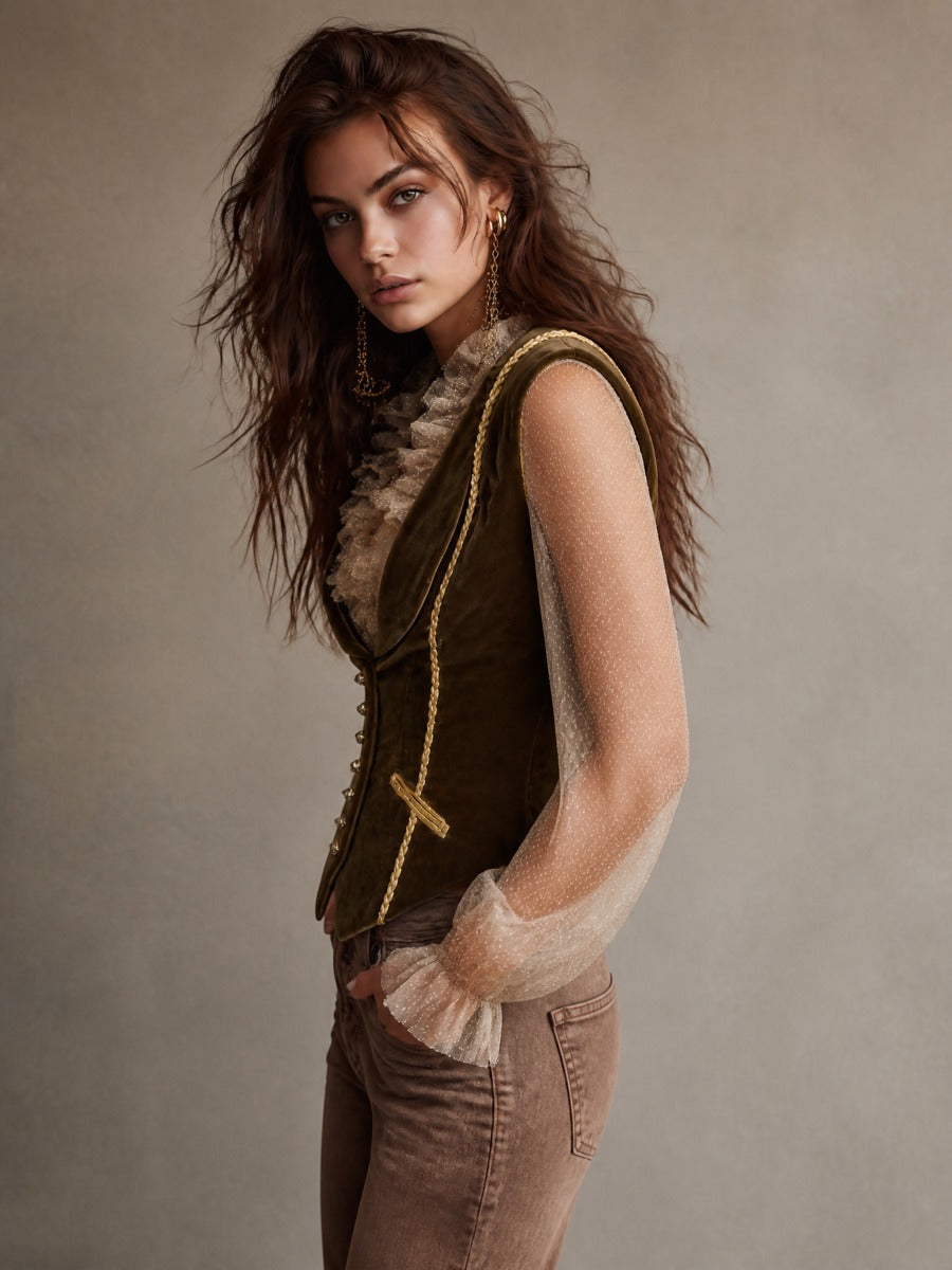 Gilet vintage in velluto verde oliva – vista posteriore