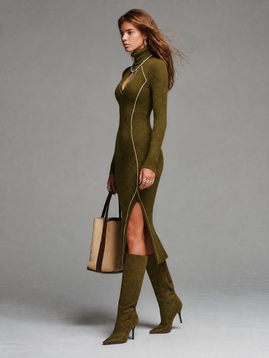 Vestito midi verde oliva in maglia – dettaglio dello spacco