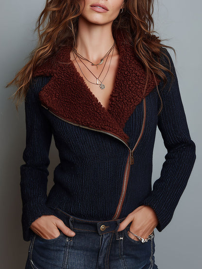 Giacca in maglia blu navy con revers effetto montone – vista frontale