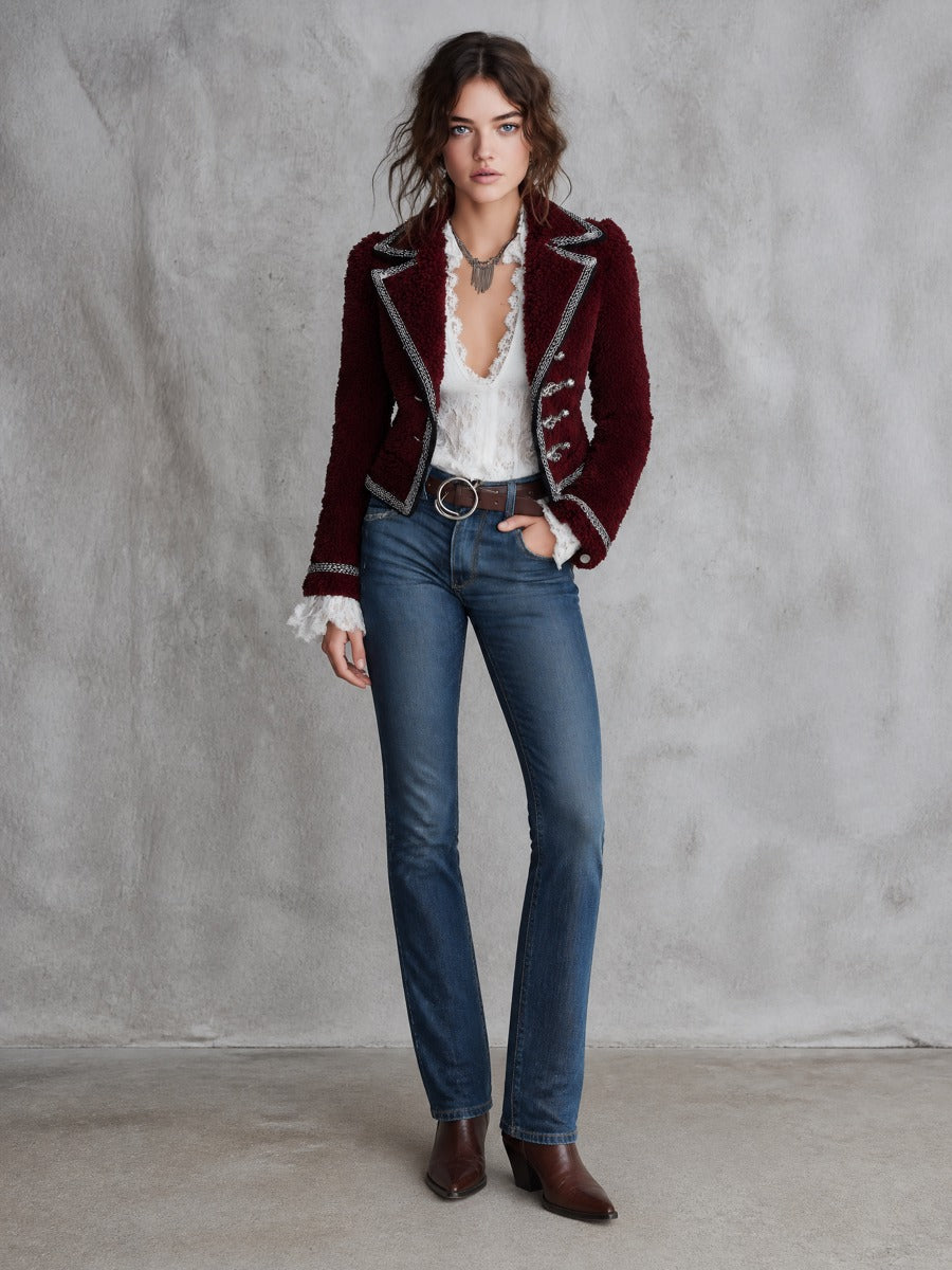 Giacca teddy bordeaux con bordo a contrasto – vista frontale
