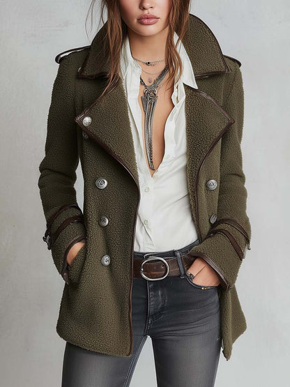 Cappotto vintage verde oliva con collo in pelliccia ecologica – vista frontale