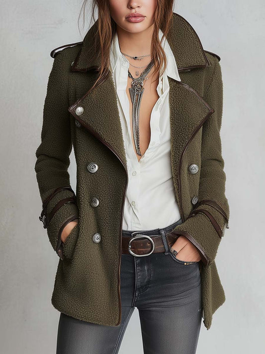 Cappotto vintage verde oliva con collo in pelliccia ecologica – vista frontale