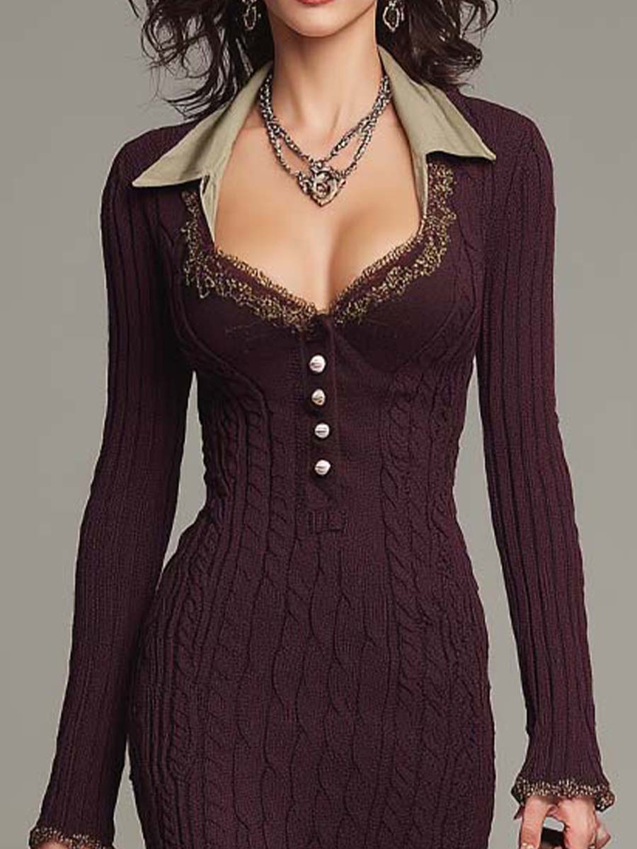 Vestito midi viola bacca – dettaglio del colletto in pizzo