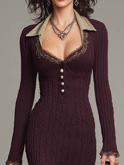 Vestito midi viola bacca – dettaglio del colletto in pizzo