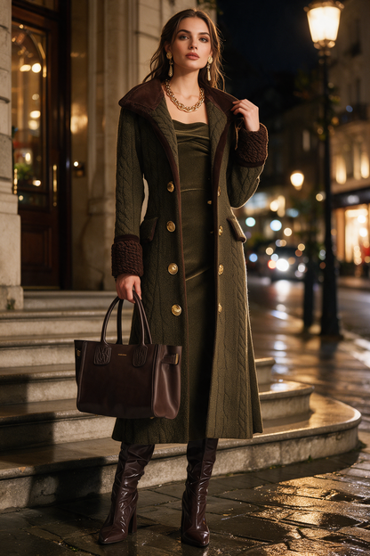 Cappotto lungo in maglia a trecce verde oliva – look completo