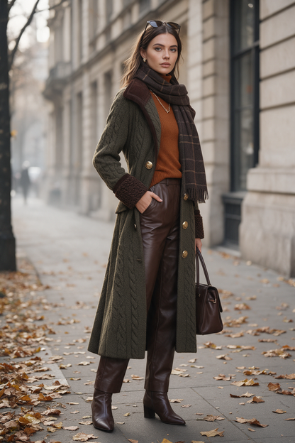 Cappotto lungo in maglia a trecce verde oliva – vista laterale