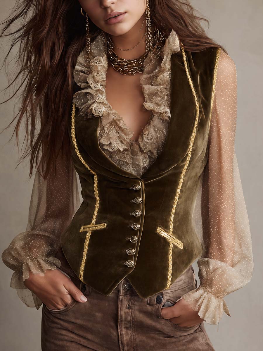 Gilet vintage in velluto verde oliva con bordi oro – vista frontale