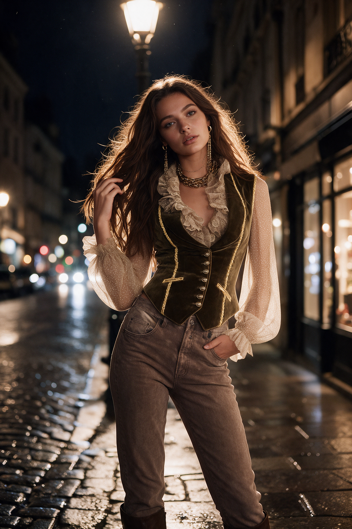 Gilet vintage in velluto verde oliva – look completo