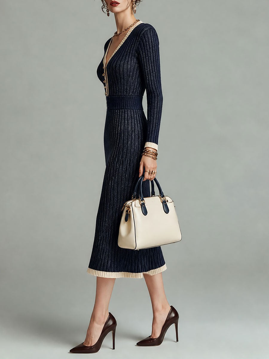 Vestito midi a sirena blu navy – dettaglio del bordo a contrasto