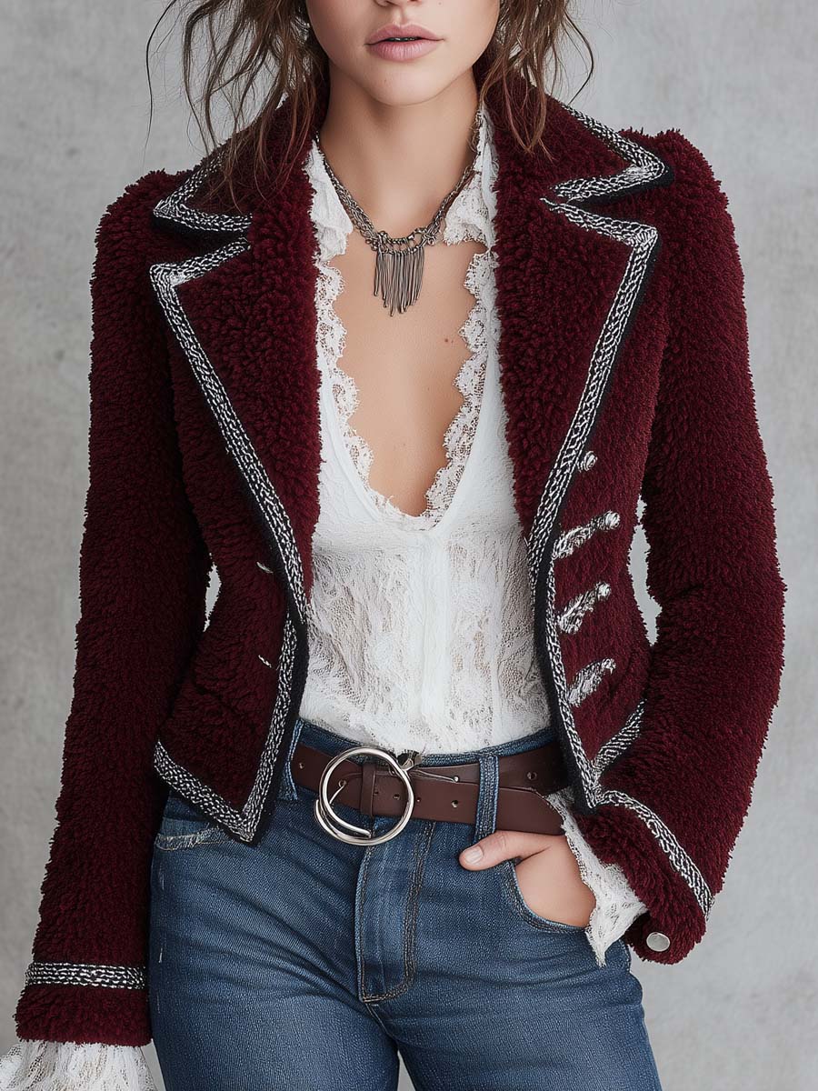 Giacca teddy bordeaux con bordo a contrasto – dettaglio