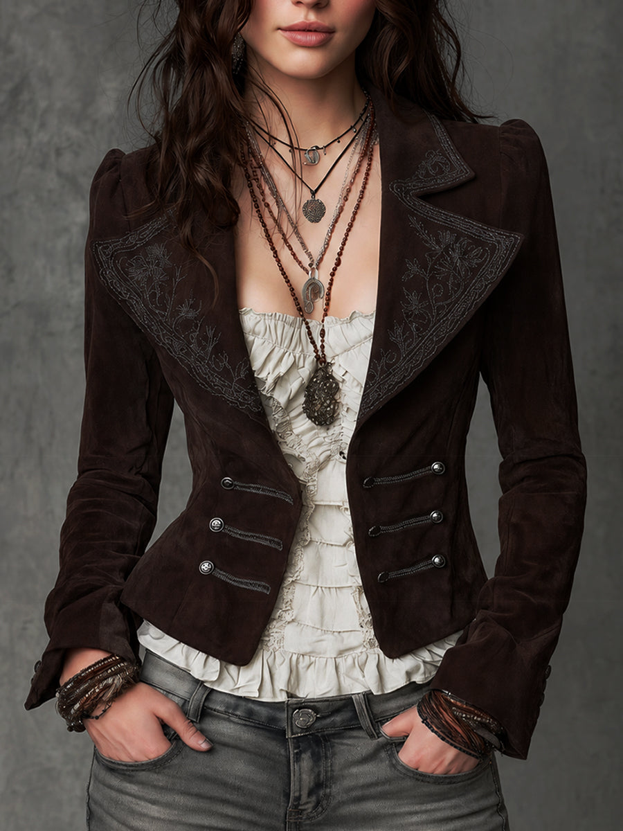 Blazer bohémien marrone ricamato – vista frontale