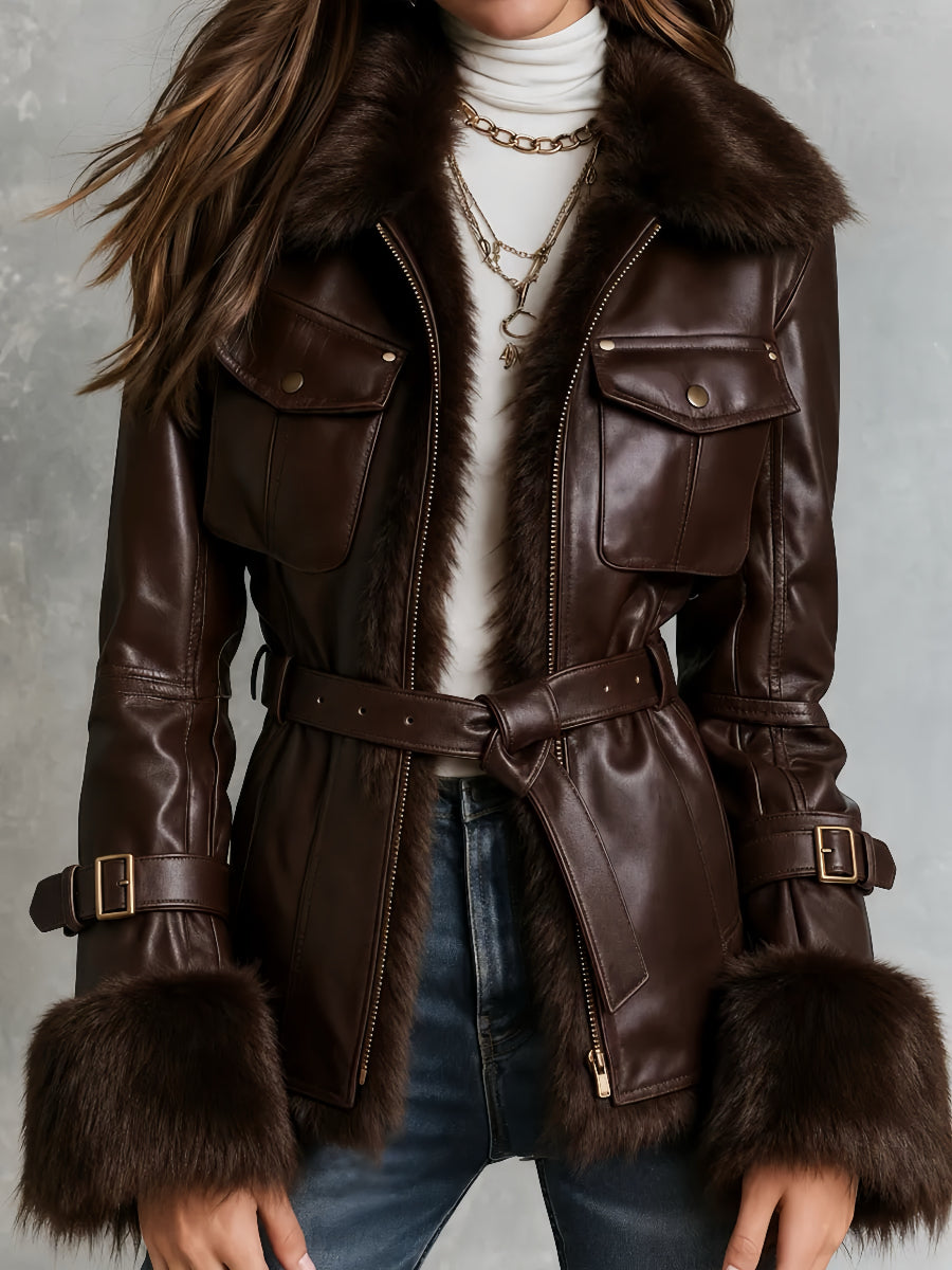 Giacca biker in similpelle cioccolato con collo in pelo – vista frontale