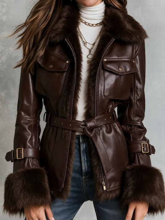 Giacca biker in similpelle cioccolato con collo in pelo – vista frontale