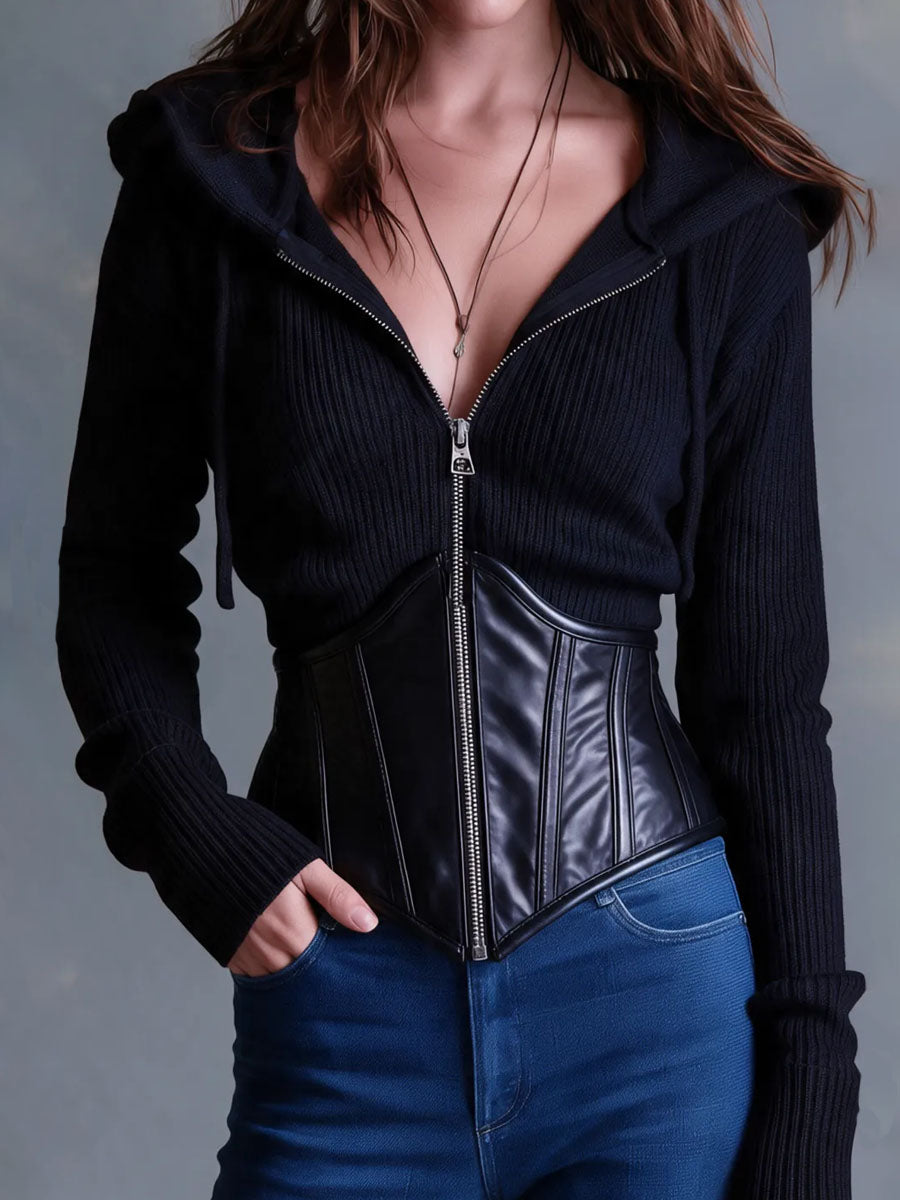 Felpa gotica nera con vita a corsetto – vista frontale