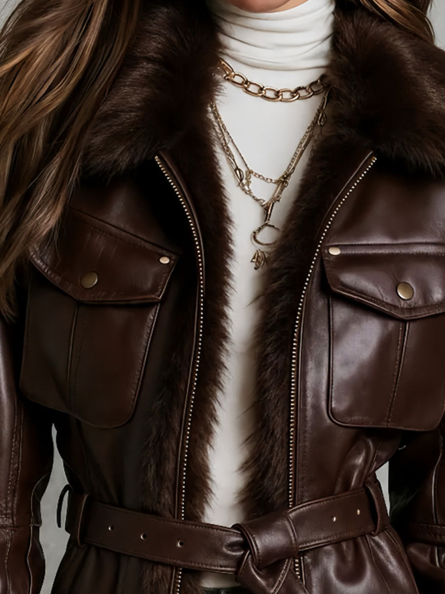 Giacca biker in similpelle cioccolato – dettaglio del collo