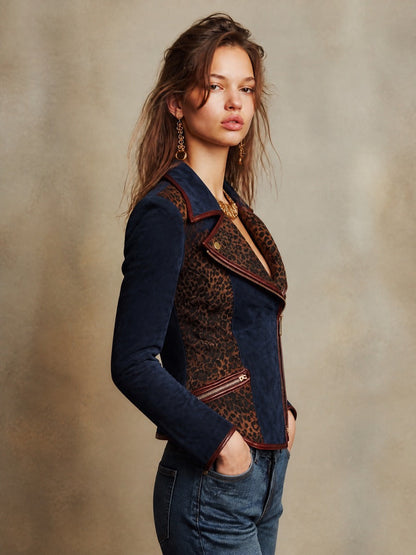Giacca biker blu navy leopardata – dettaglio