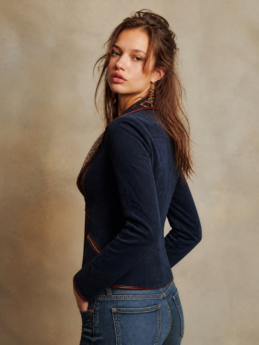 Giacca biker blu navy leopardata – vista laterale