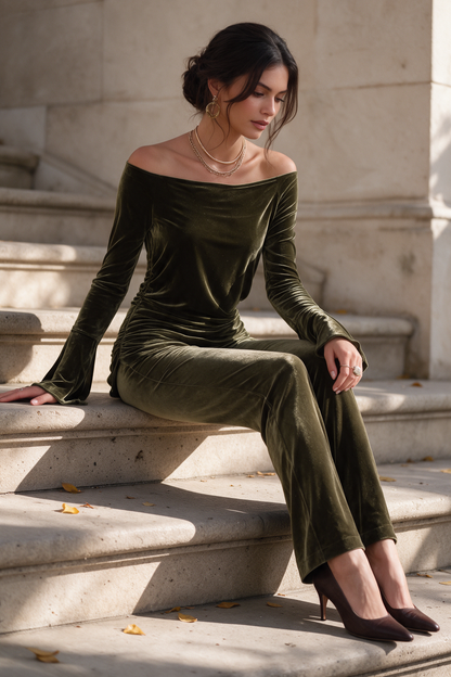 Camicetta in velluto verde oliva – look completo