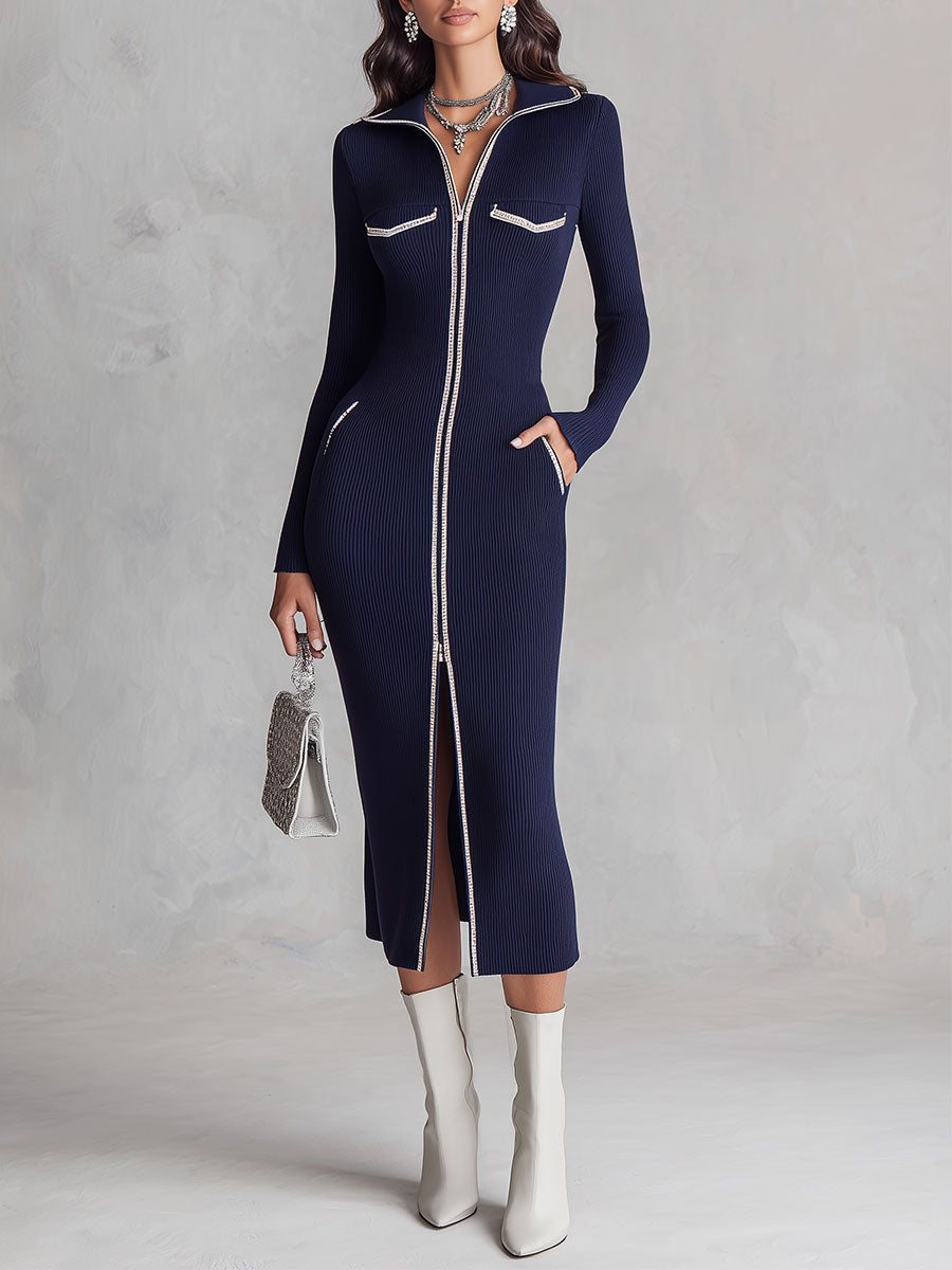 Vestito midi in maglia blu navy con doppia zip – vista frontale