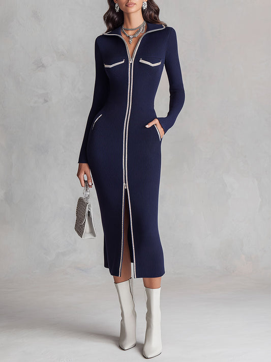 Vestito midi in maglia blu navy con doppia zip – vista frontale