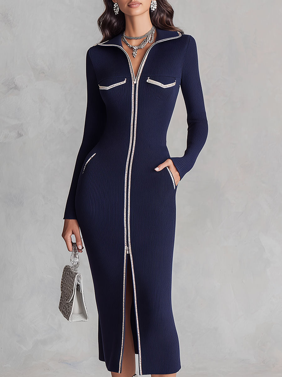 Vestito midi in maglia blu navy – dettaglio della zip