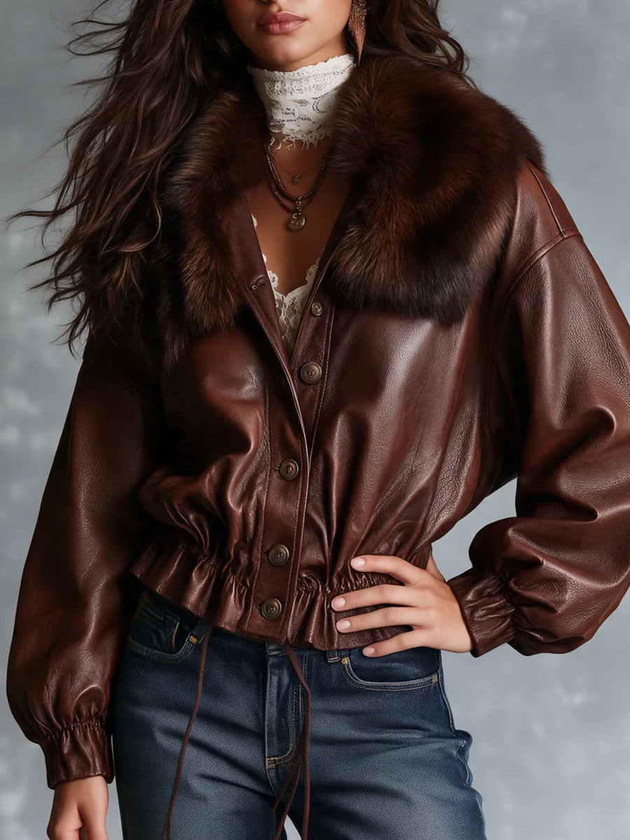 Giacca boho in similpelle bordeaux con collo effetto pelliccia – vista frontale