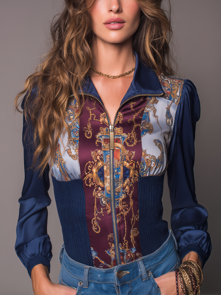 Camicetta blu navy con stampa barocca e zip – vista frontale