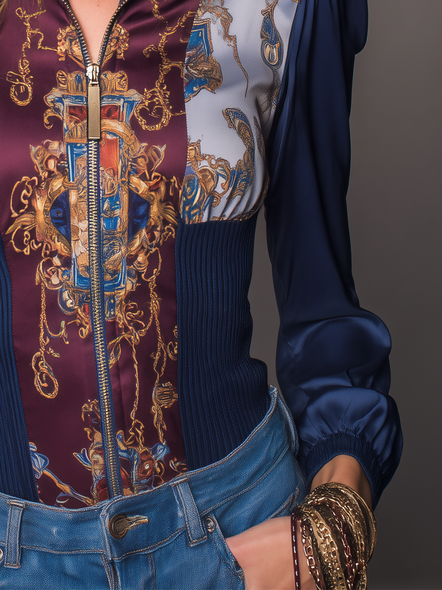 Camicetta blu navy con stampa barocca – look completo
