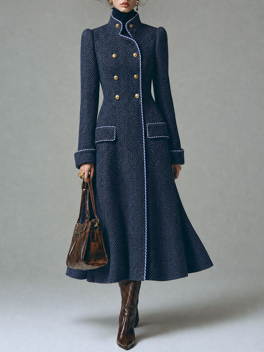 Cappotto lungo in lana spigata blu navy – vista frontale