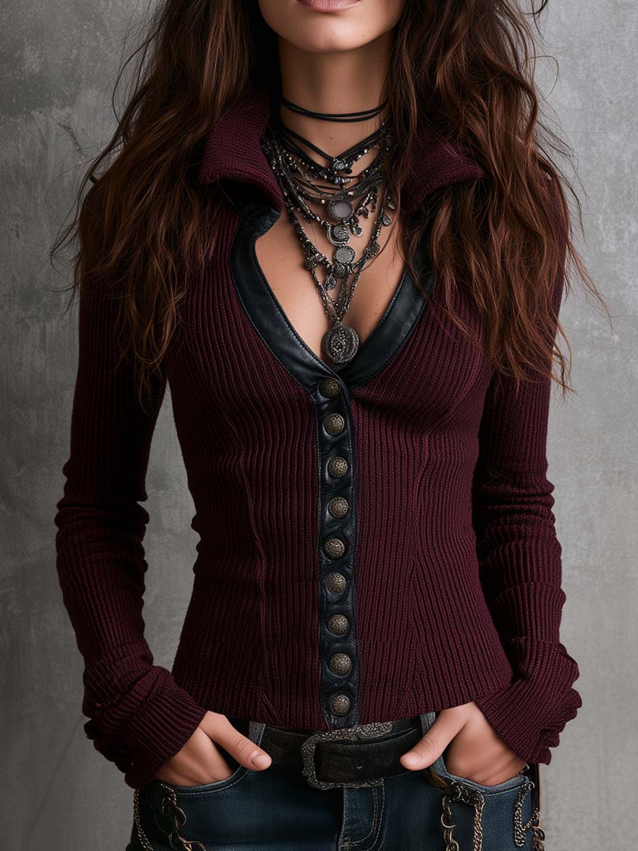 Cardigan vintage bordeaux con bordo in similpelle – vista frontale