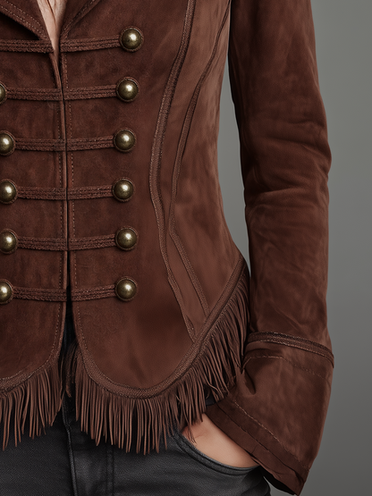 Blazer marrone in camoscio con frange – look completo