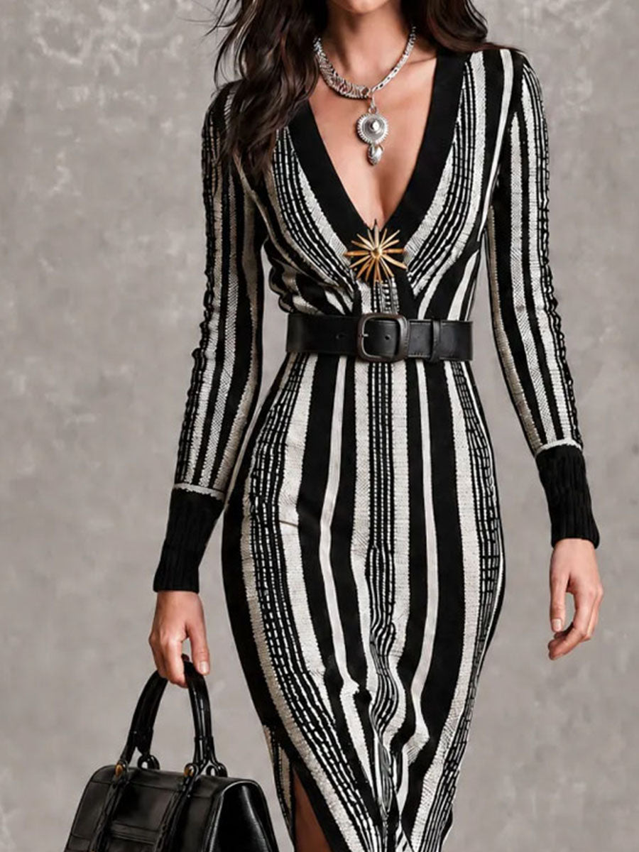 Vestito midi a righe in maglia nero – look completo