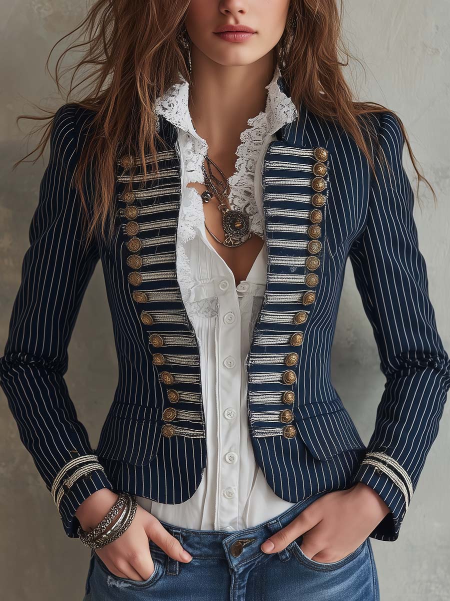 Blazer gessato blu navy in stile militare – vista frontale