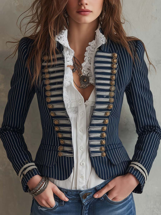 Blazer gessato blu navy in stile militare – vista frontale