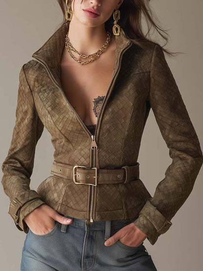 Giacca boho in camoscio verde oliva – vista frontale