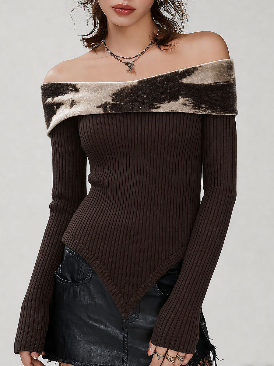 Maglione a coste marrone con spalle scoperte – vista frontale