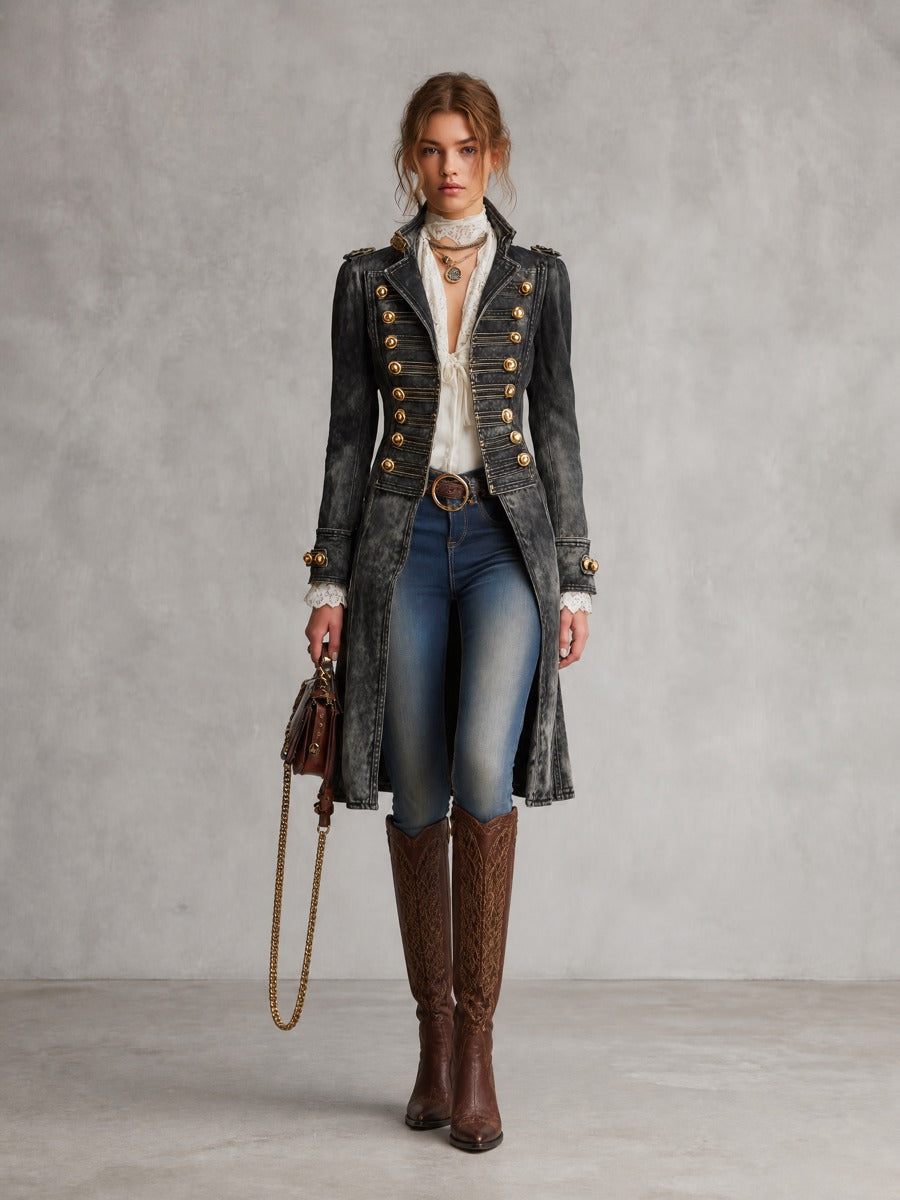 Cappotto lungo in denim stone wash – vista frontale