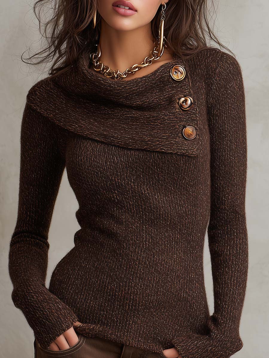 Maglione vintage marrone con collo ampio – vista frontale