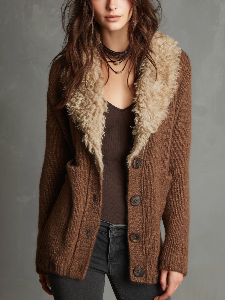 Cardigan in maglia marrone con collo in ecopelliccia – vista frontale