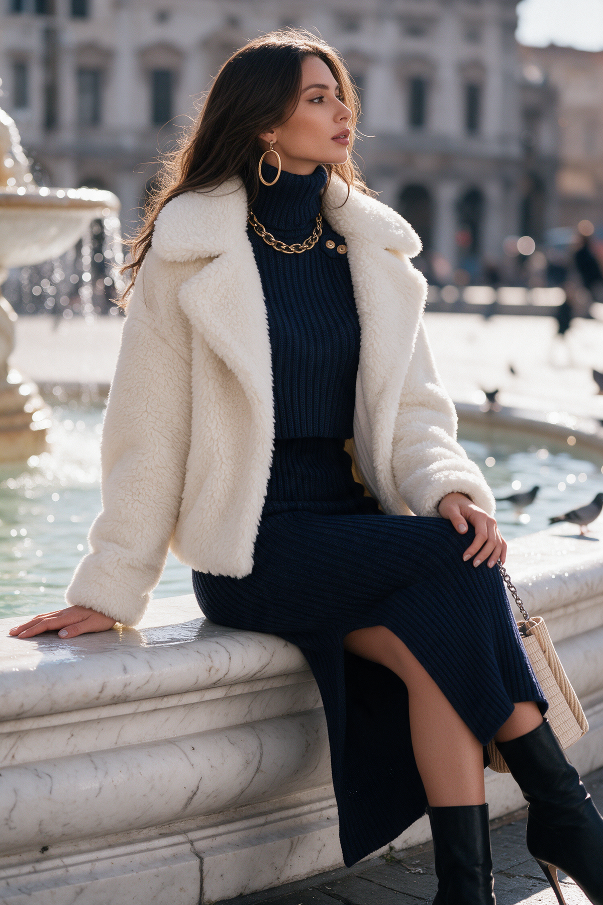 Abito midi blu navy con mantella – dettaglio