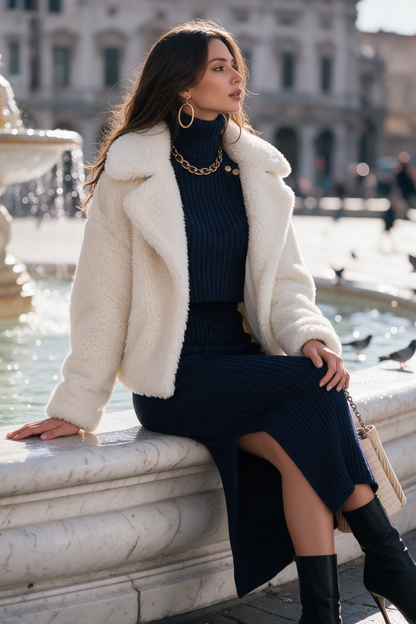 Abito midi blu navy con mantella – dettaglio