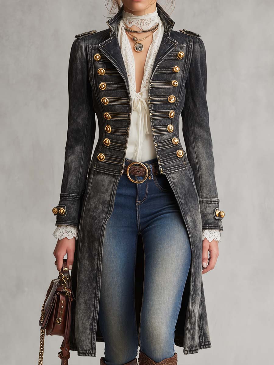 Cappotto lungo in denim con bottoni oro – look indossato