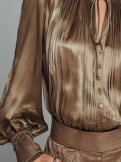 Camicia in raso plissé verde-marrone – vista laterale