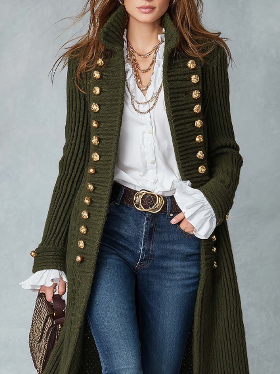 Cappotto lungo in maglia verde oliva – look indossato