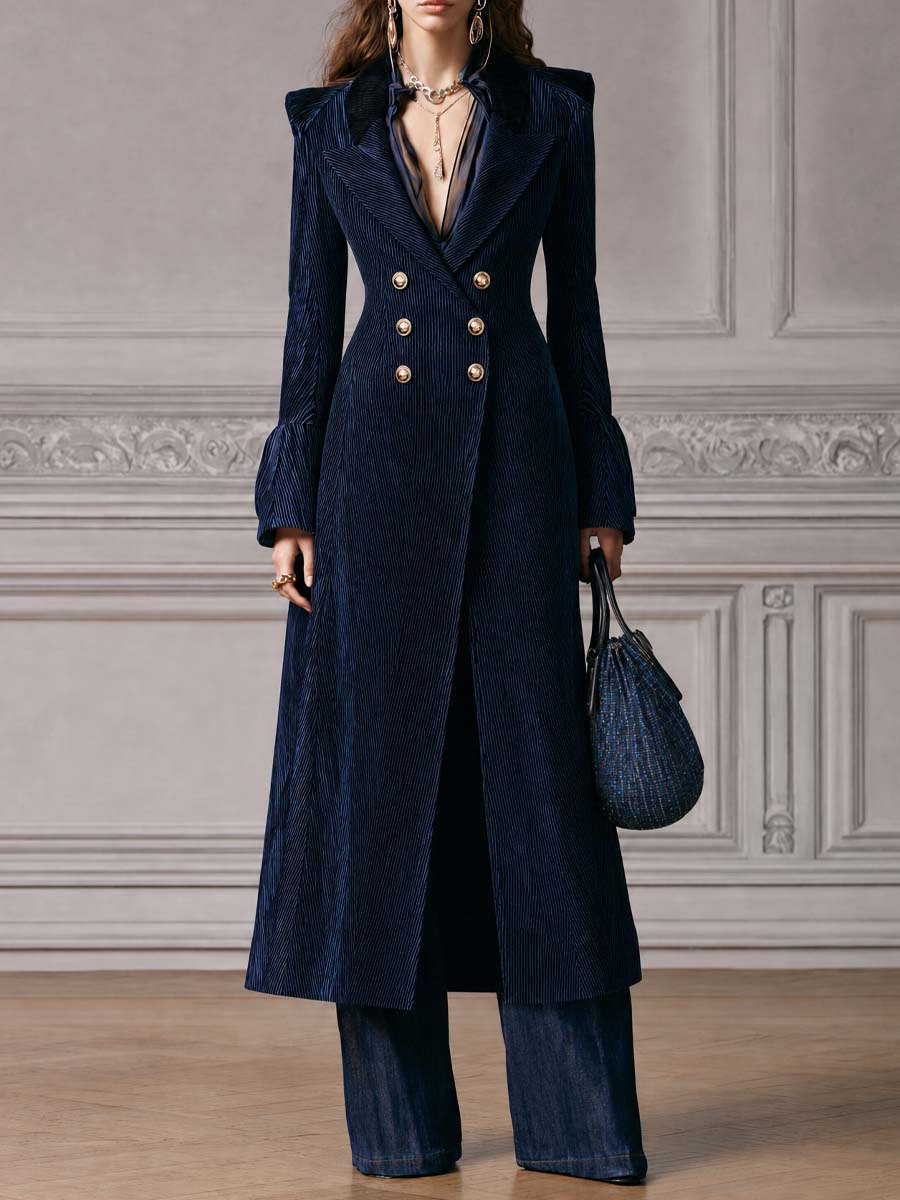 Cappotto doppiopetto blu navy in velluto a coste – vista frontale