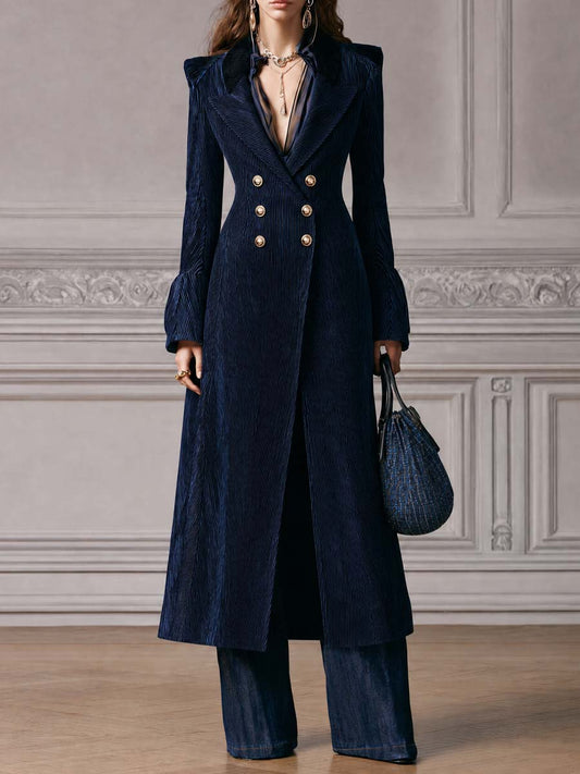 Cappotto doppiopetto blu navy in velluto a coste – vista frontale