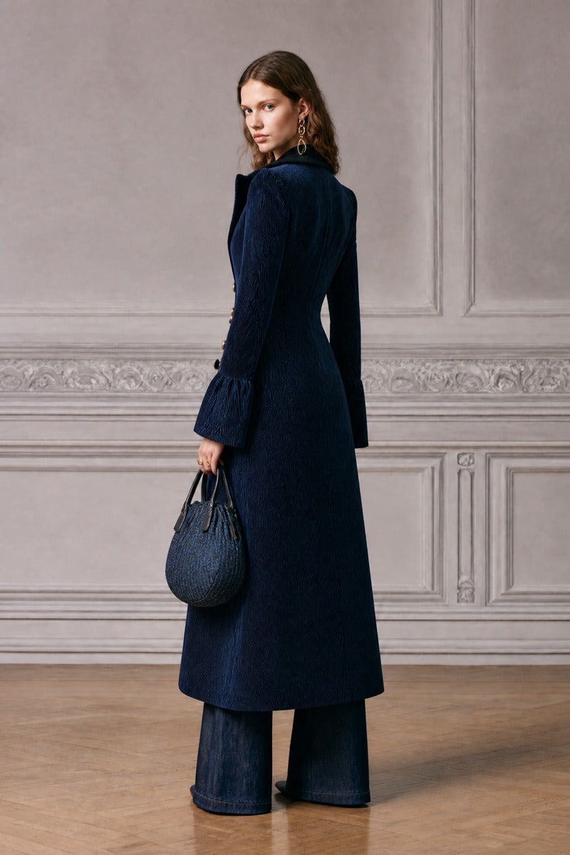 Cappotto doppiopetto blu navy in velluto a coste – dettaglio