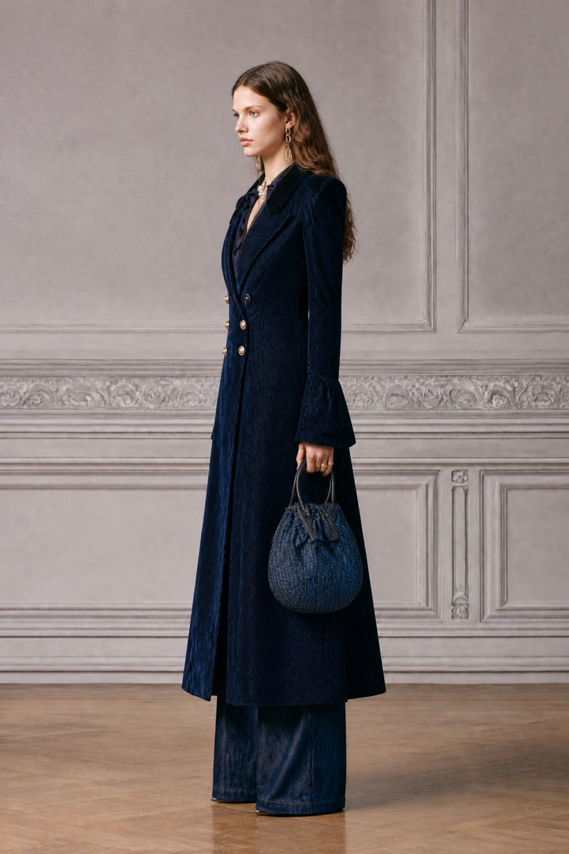 Cappotto doppiopetto blu navy in velluto a coste – vista laterale