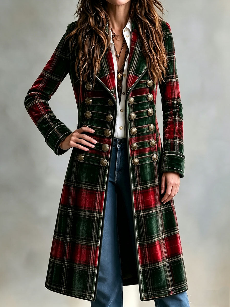 Cappotto lungo in velluto tartan rosso e verde – vista frontale