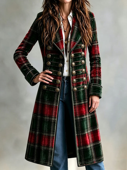 Cappotto lungo in velluto tartan rosso e verde – vista frontale